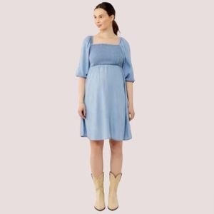 A Pea In The Pod Smocked Puff Sleeved Tie Back Chambray Maternity Dress